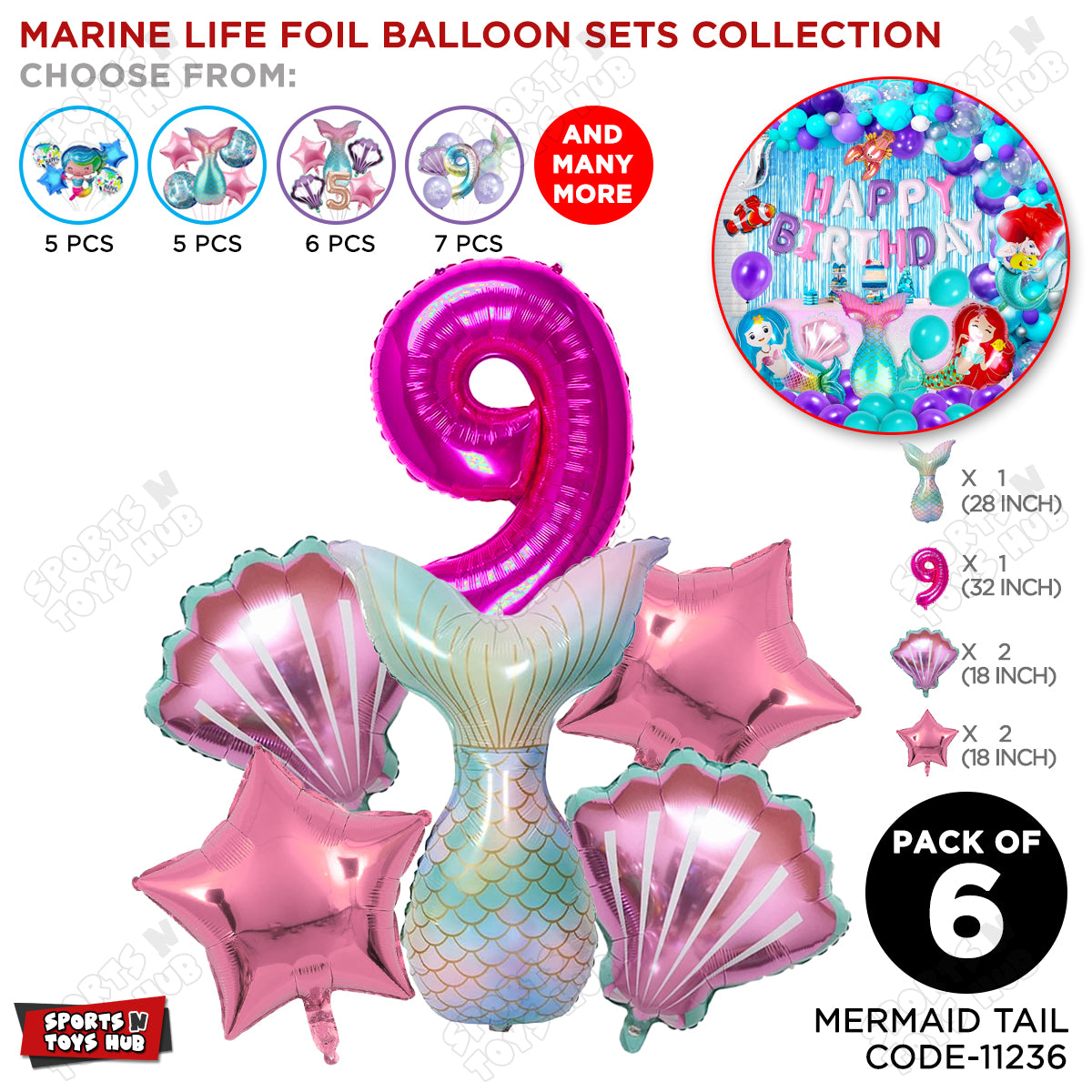 Mer-m@id Tail Foil Balloon Pack Of 6 Set With 32 Inch Foil Number Balloons