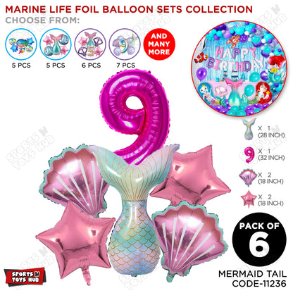 Mer-m@id Tail Foil Balloon Pack Of 6 Set With 32 Inch Foil Number Balloons