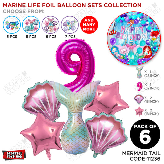 Mer-m@id Tail Foil Balloon Pack Of 6 Set With 32 Inch Foil Number Balloons