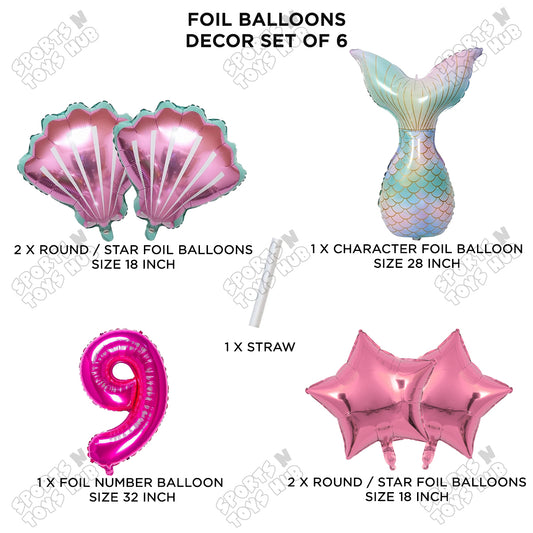 Mer-m@id Tail Foil Balloon Pack Of 6 Set With 32 Inch Foil Number Balloons
