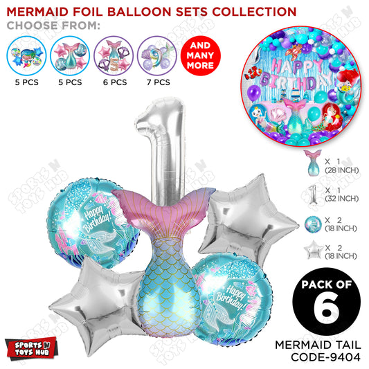 Mer-maid Tail Foil Balloon Pack Of 6 Set With 32 Inch Foil Number Balloons