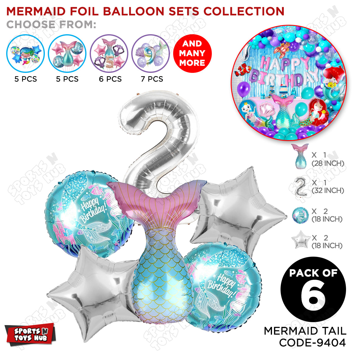 Mer-maid Tail Foil Balloon Pack Of 6 Set With 32 Inch Foil Number Balloons