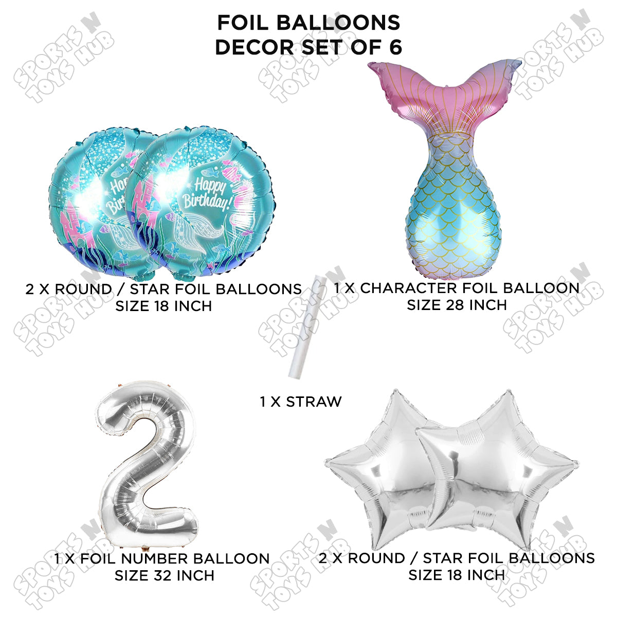 Mer-maid Tail Foil Balloon Pack Of 6 Set With 32 Inch Foil Number Balloons