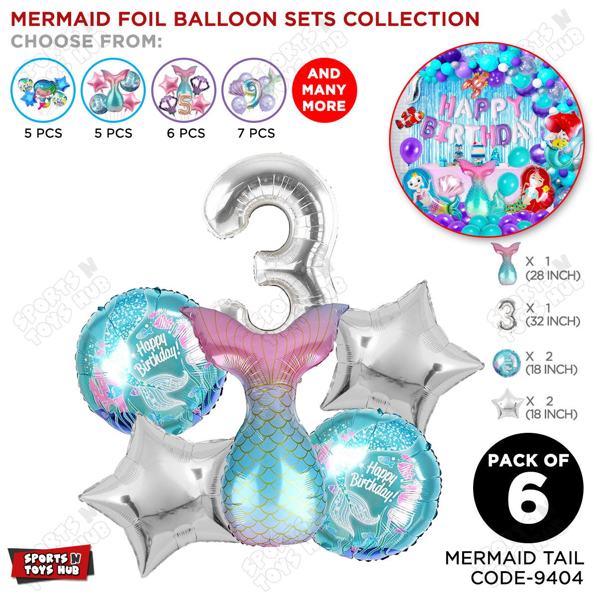 Mer-maid Tail Foil Balloon Pack Of 6 Set With 32 Inch Foil Number Balloons