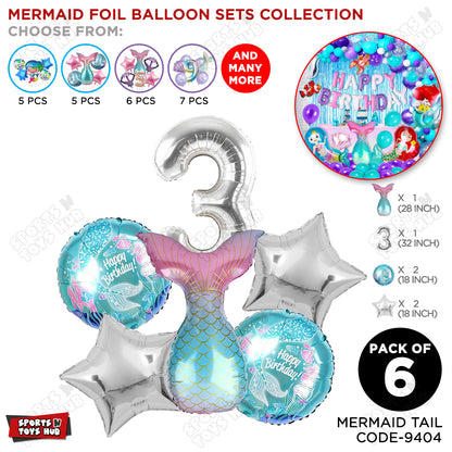 Mer-maid Tail Foil Balloon Pack Of 6 Set With 32 Inch Foil Number Balloons