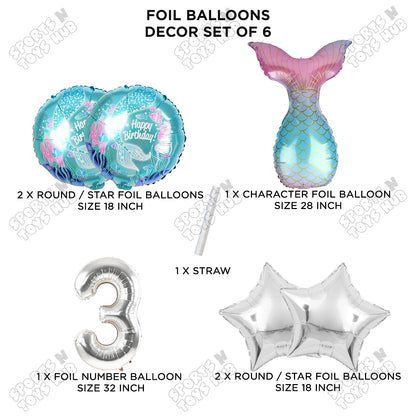 Mer-maid Tail Foil Balloon Pack Of 6 Set With 32 Inch Foil Number Balloons
