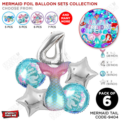 Mer-maid Tail Foil Balloon Pack Of 6 Set With 32 Inch Foil Number Balloons