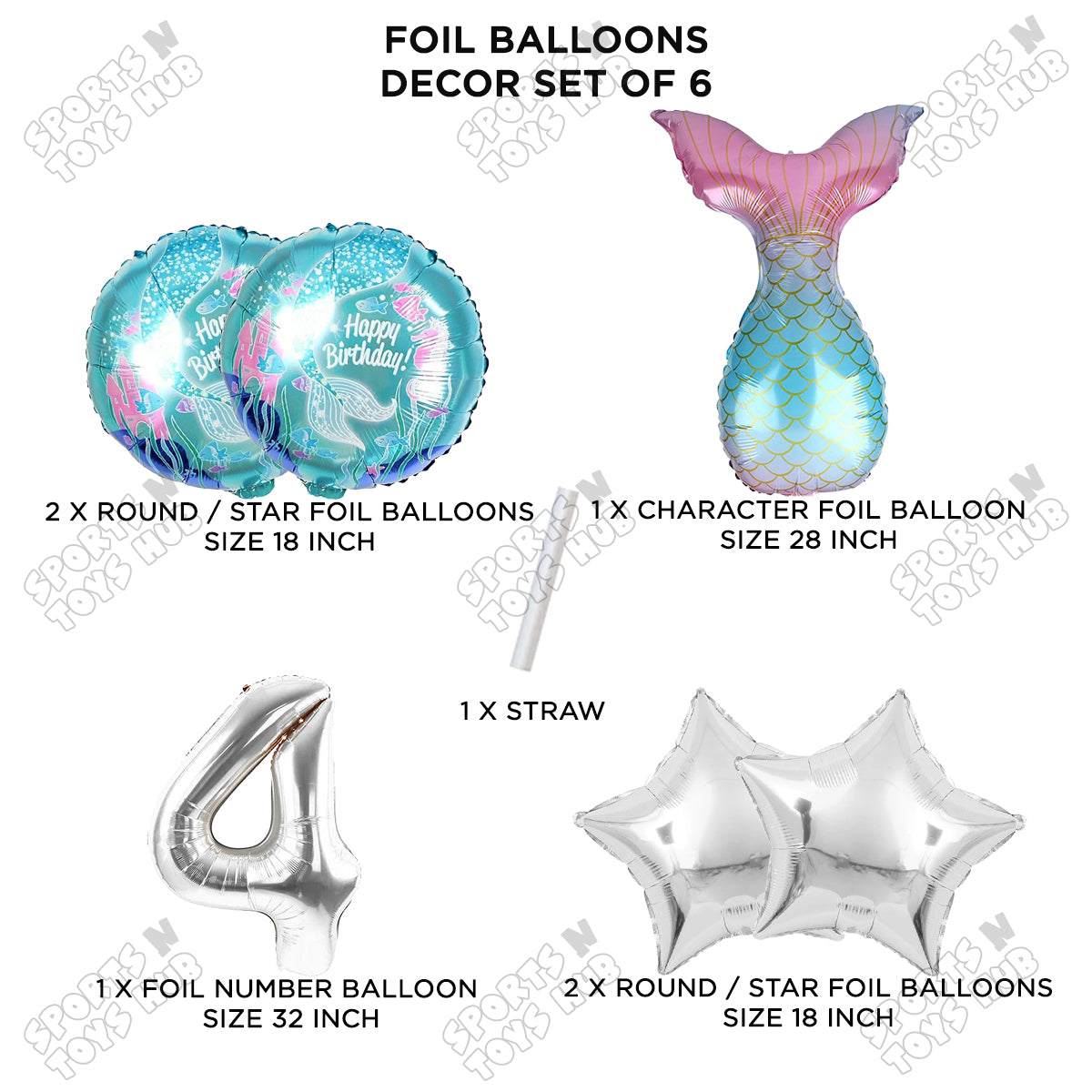 Mer-maid Tail Foil Balloon Pack Of 6 Set With 32 Inch Foil Number Balloons