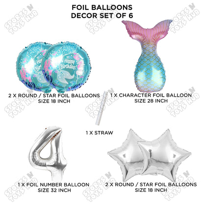 Mer-maid Tail Foil Balloon Pack Of 6 Set With 32 Inch Foil Number Balloons