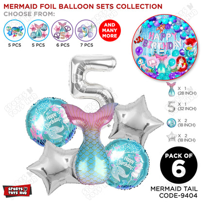 Mer-maid Tail Foil Balloon Pack Of 6 Set With 32 Inch Foil Number Balloons