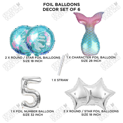 Mer-maid Tail Foil Balloon Pack Of 6 Set With 32 Inch Foil Number Balloons