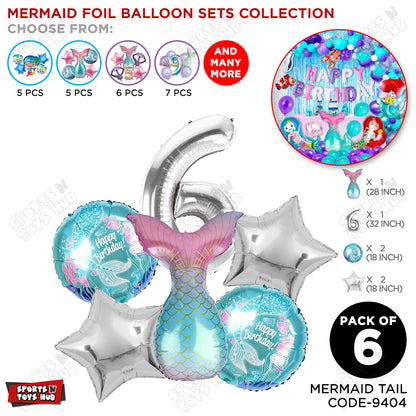 Mer-maid Tail Foil Balloon Pack Of 6 Set With 32 Inch Foil Number Balloons