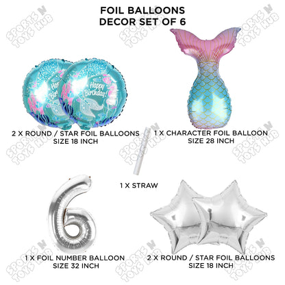 Mer-maid Tail Foil Balloon Pack Of 6 Set With 32 Inch Foil Number Balloons
