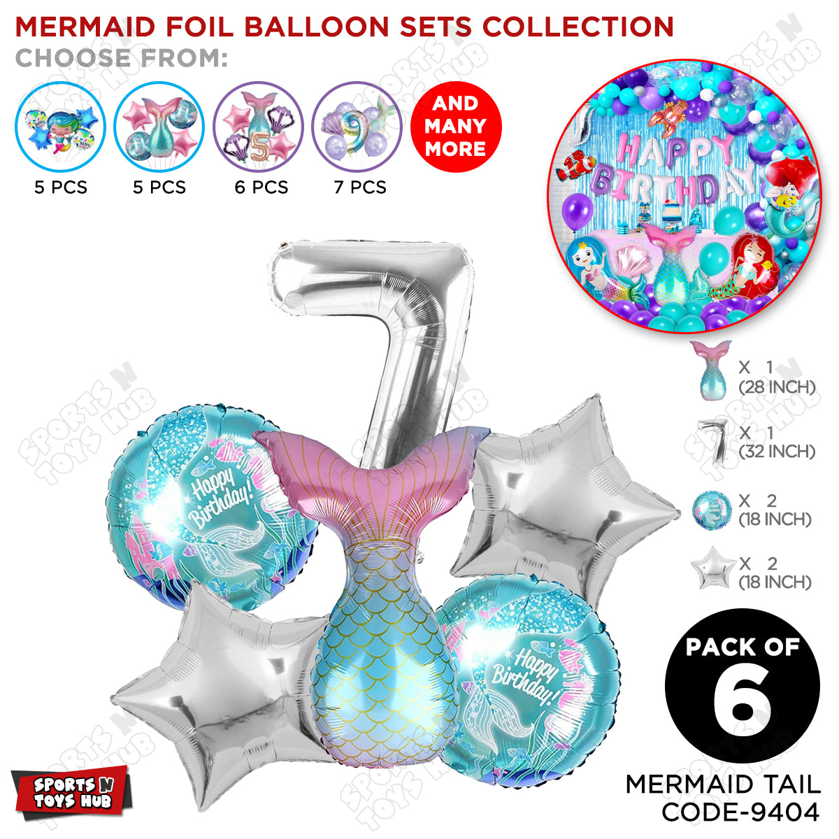 Mer-maid Tail Foil Balloon Pack Of 6 Set With 32 Inch Foil Number Balloons