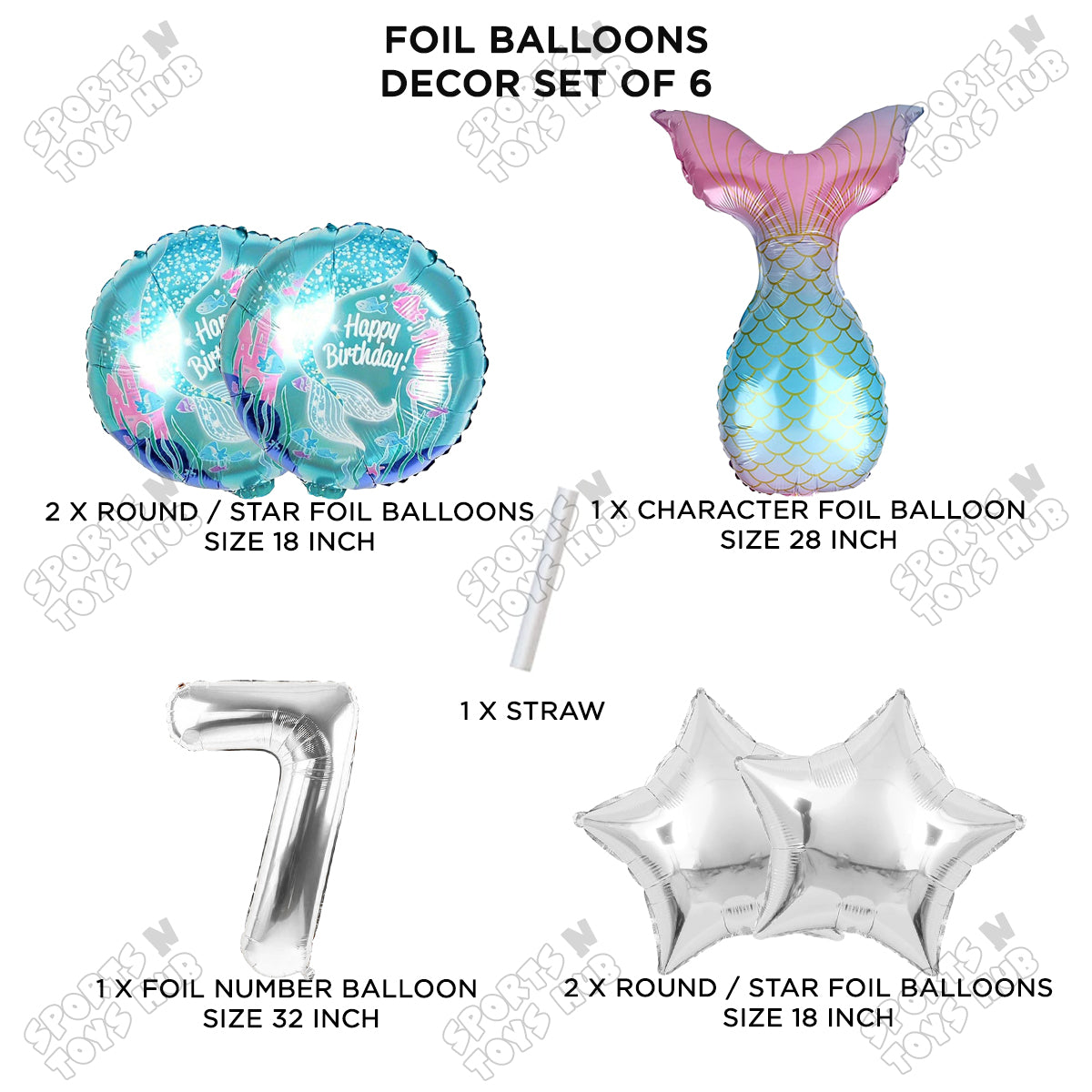 Mer-maid Tail Foil Balloon Pack Of 6 Set With 32 Inch Foil Number Balloons