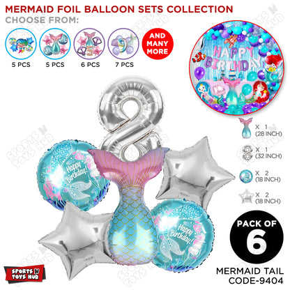 Mer-maid Tail Foil Balloon Pack Of 6 Set With 32 Inch Foil Number Balloons