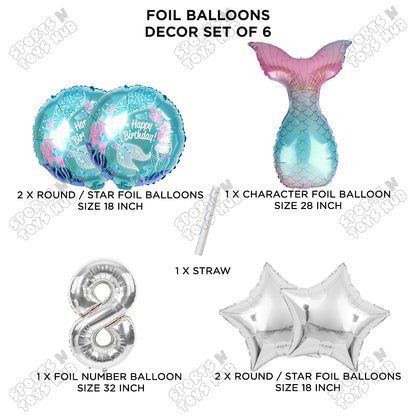 Mer-maid Tail Foil Balloon Pack Of 6 Set With 32 Inch Foil Number Balloons