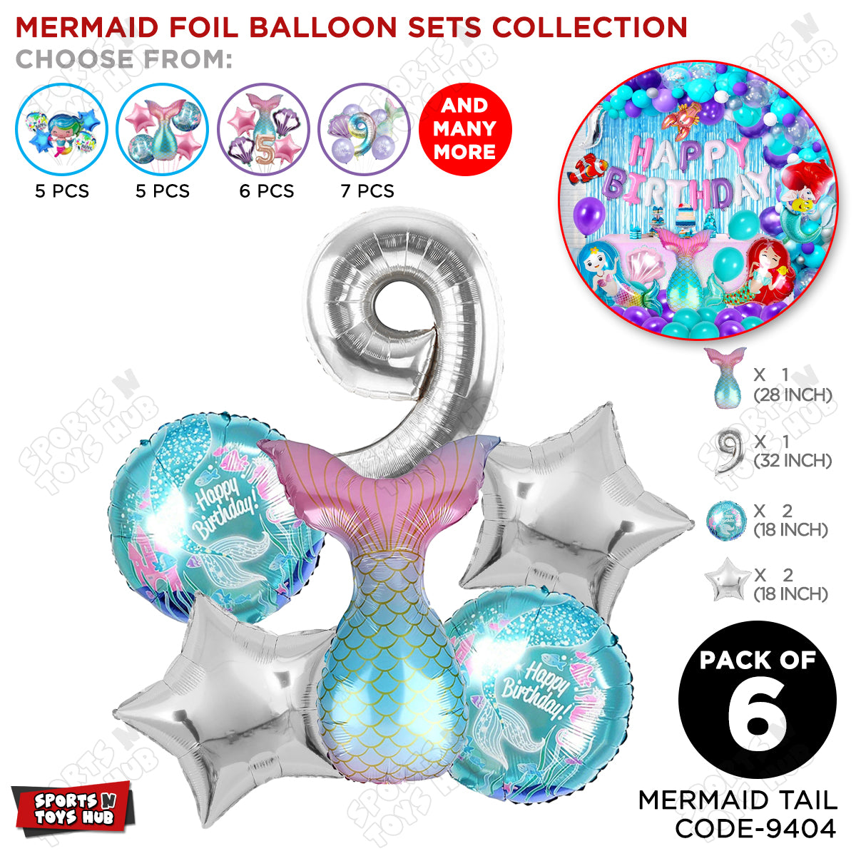 Mer-maid Tail Foil Balloon Pack Of 6 Set With 32 Inch Foil Number Balloons