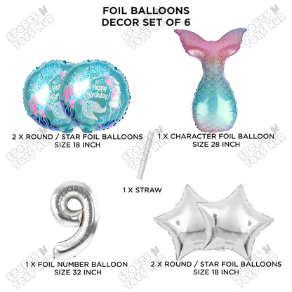 Mer-maid Tail Foil Balloon Pack Of 6 Set With 32 Inch Foil Number Balloons