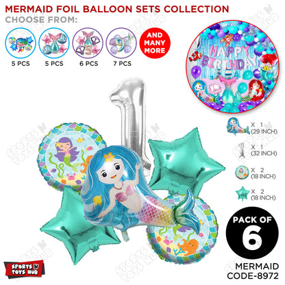 Mer-maid Foil Balloon Pack Of 6 Set With 32 Inch Foil Number Balloons