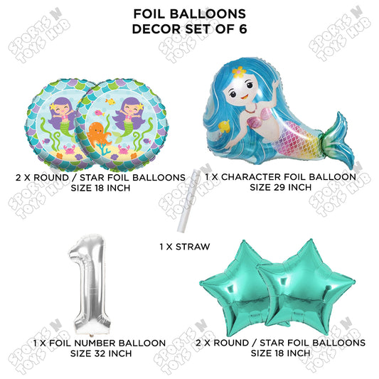 Mer-maid Foil Balloon Pack Of 6 Set With 32 Inch Foil Number Balloons