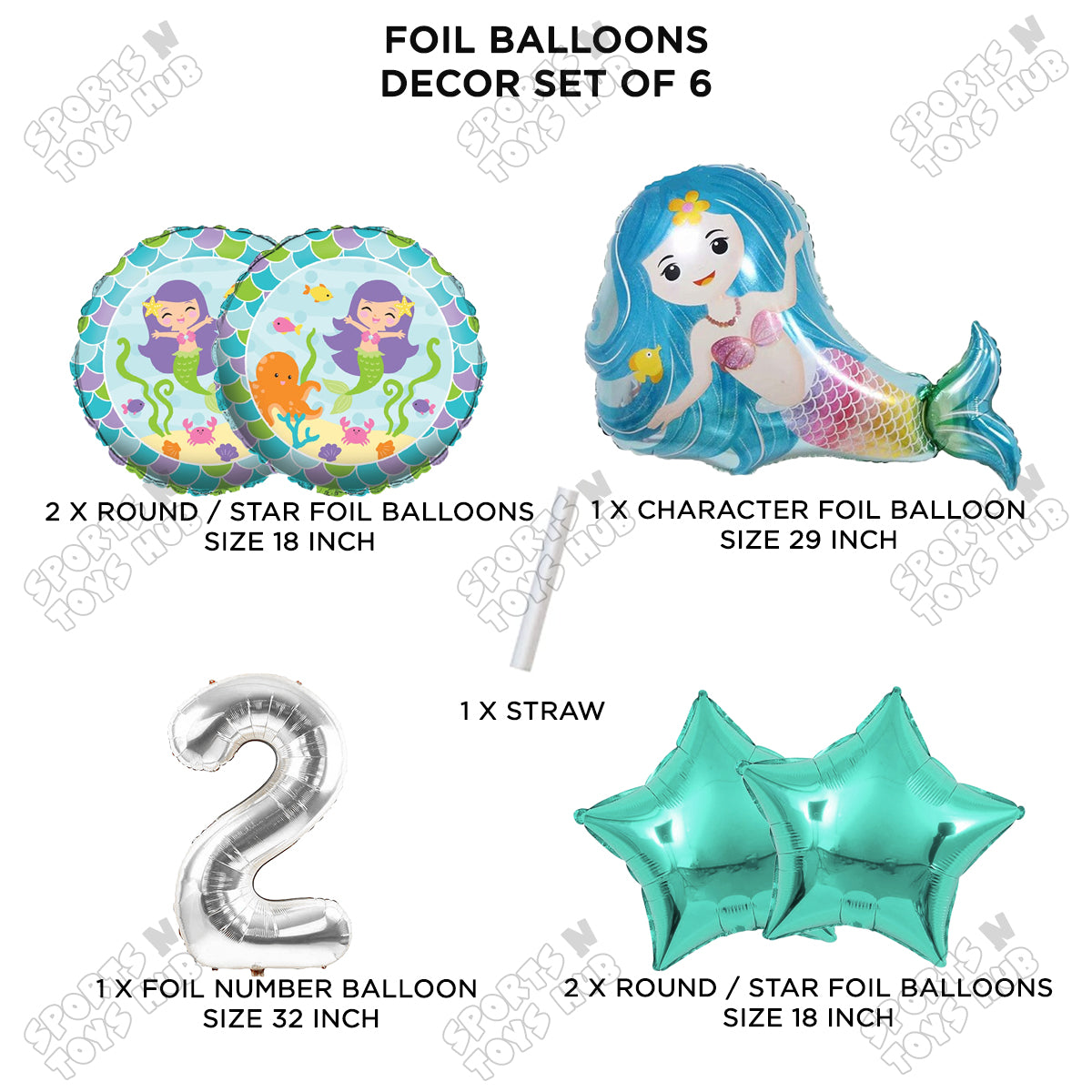 Mer-maid Foil Balloon Pack Of 6 Set With 32 Inch Foil Number Balloons