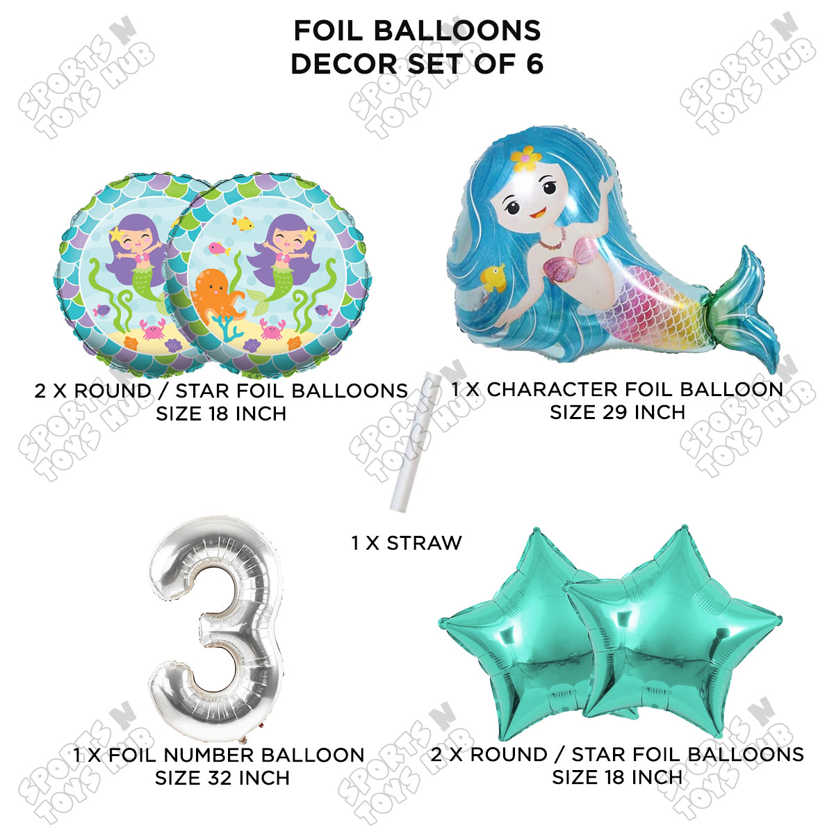 Mer-maid Foil Balloon Pack Of 6 Set With 32 Inch Foil Number Balloons