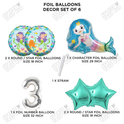 Mer-maid Foil Balloon Pack Of 6 Set With 32 Inch Foil Number Balloons