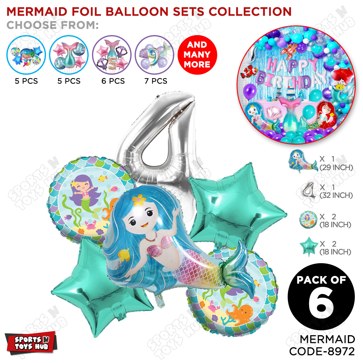 Mer-maid Foil Balloon Pack Of 6 Set With 32 Inch Foil Number Balloons
