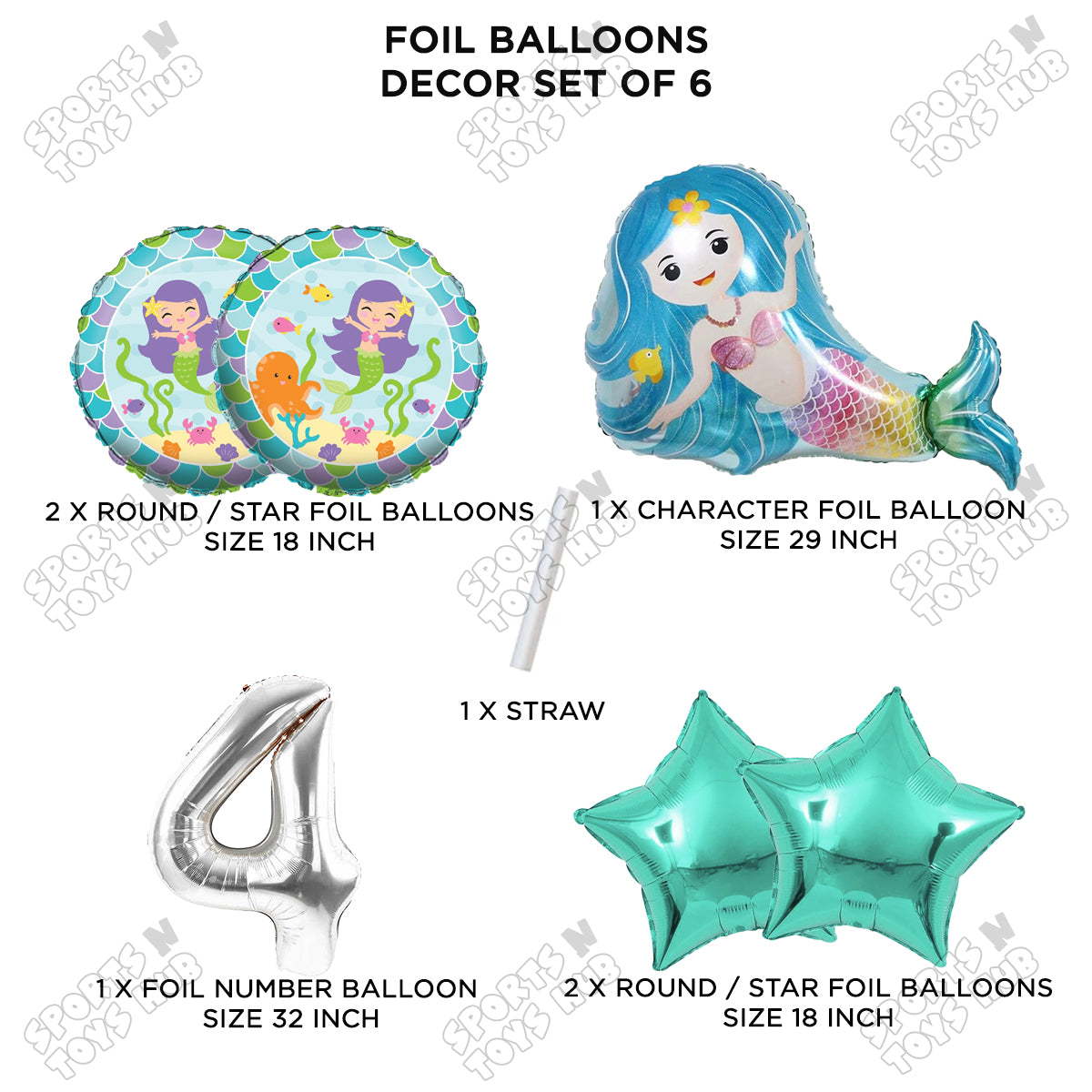 Mer-maid Foil Balloon Pack Of 6 Set With 32 Inch Foil Number Balloons