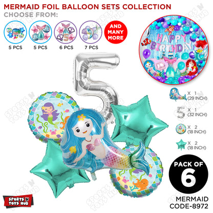 Mer-maid Foil Balloon Pack Of 6 Set With 32 Inch Foil Number Balloons