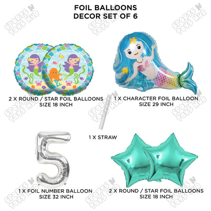 Mer-maid Foil Balloon Pack Of 6 Set With 32 Inch Foil Number Balloons
