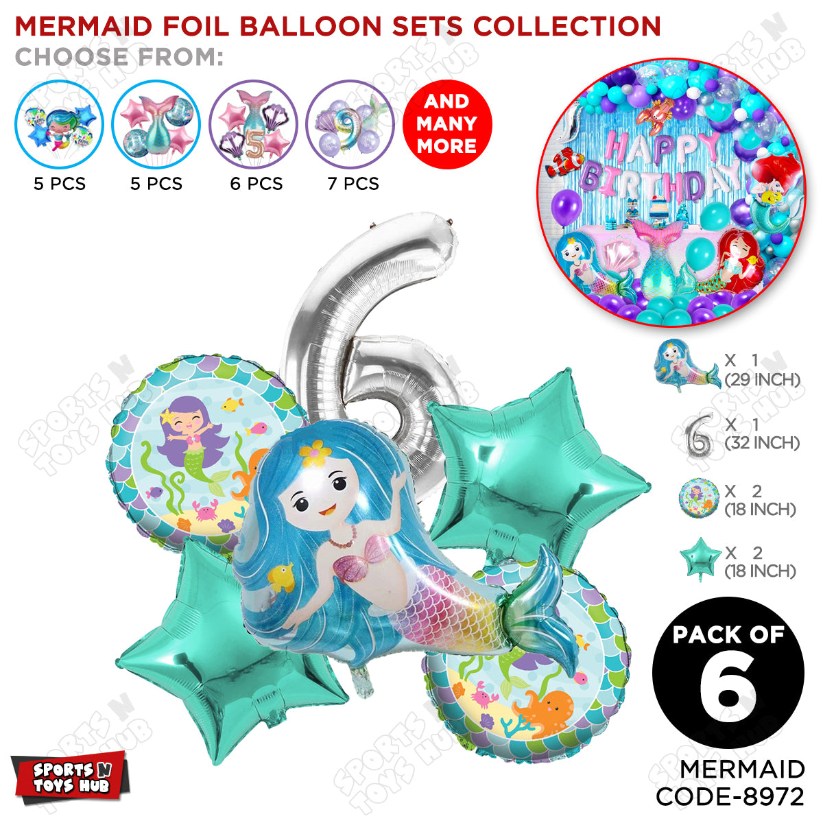 Mer-maid Foil Balloon Pack Of 6 Set With 32 Inch Foil Number Balloons