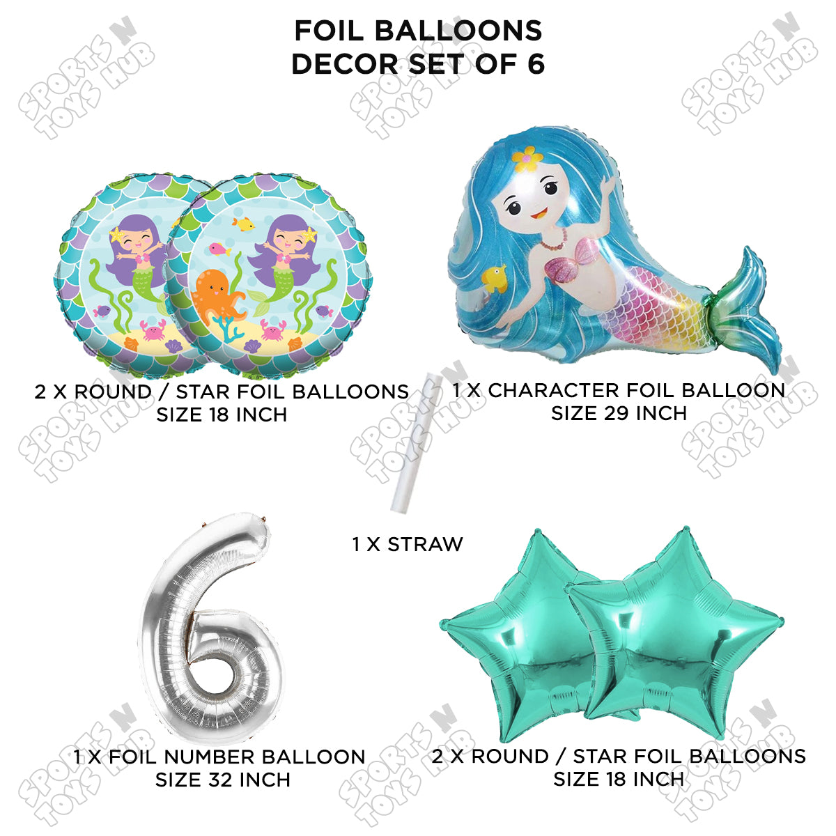 Mer-maid Foil Balloon Pack Of 6 Set With 32 Inch Foil Number Balloons