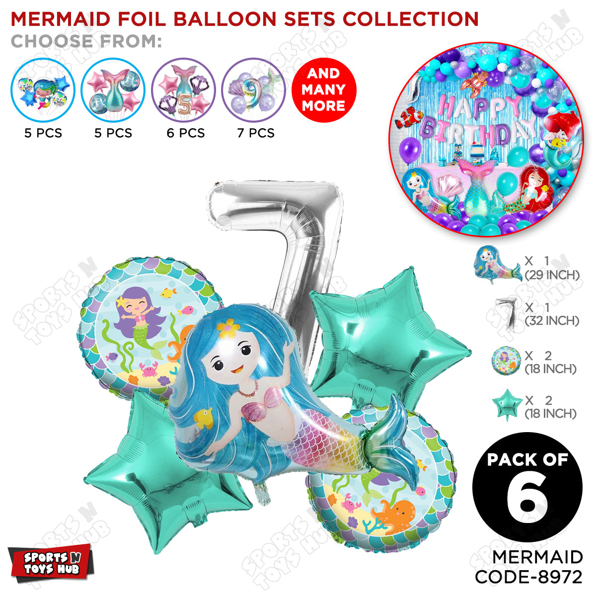 Mer-maid Foil Balloon Pack Of 6 Set With 32 Inch Foil Number Balloons