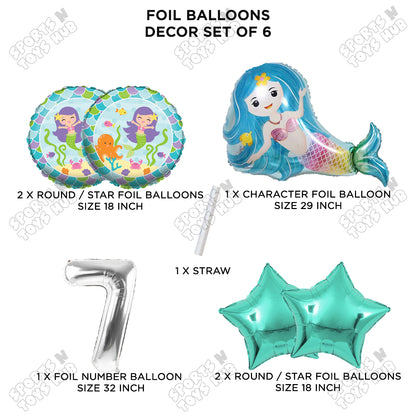 Mer-maid Foil Balloon Pack Of 6 Set With 32 Inch Foil Number Balloons