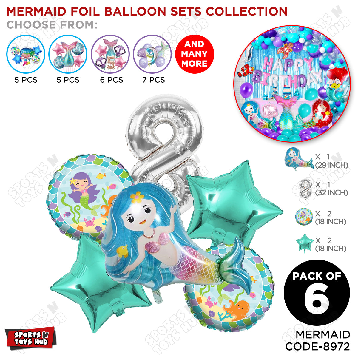 Mer-maid Foil Balloon Pack Of 6 Set With 32 Inch Foil Number Balloons
