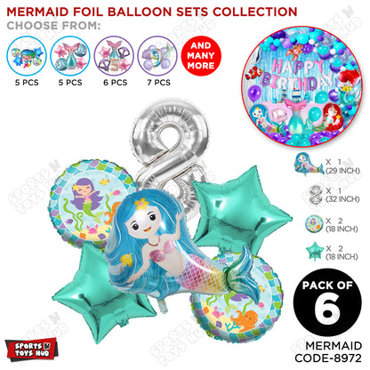 Mer-maid Foil Balloon Pack Of 6 Set With 32 Inch Foil Number Balloons