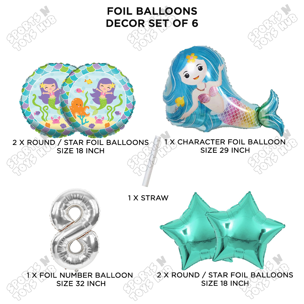 Mer-maid Foil Balloon Pack Of 6 Set With 32 Inch Foil Number Balloons