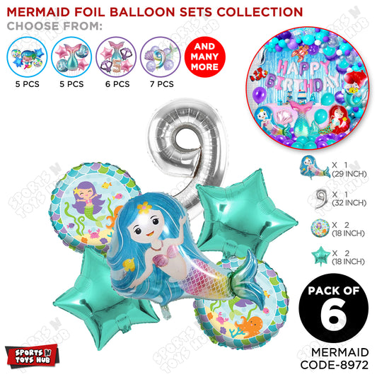 Mer-maid Foil Balloon Pack Of 6 Set With 32 Inch Foil Number Balloons