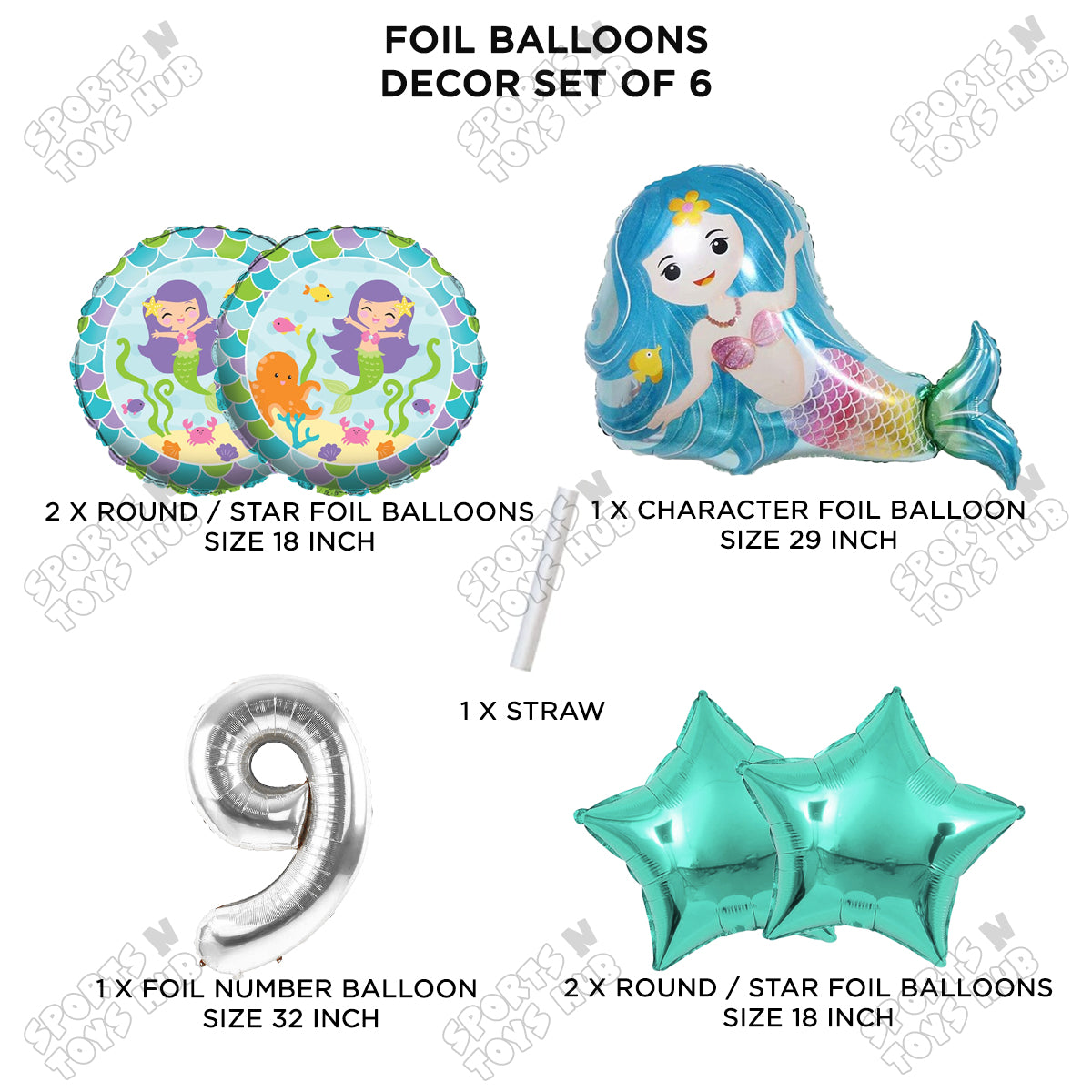 Mer-maid Foil Balloon Pack Of 6 Set With 32 Inch Foil Number Balloons