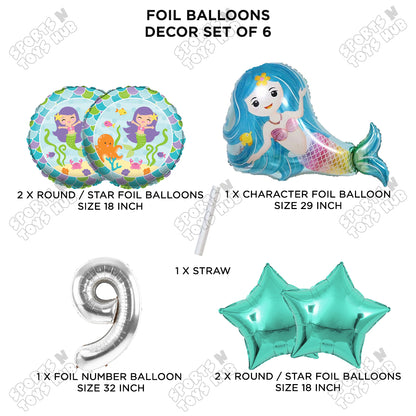Mer-maid Foil Balloon Pack Of 6 Set With 32 Inch Foil Number Balloons