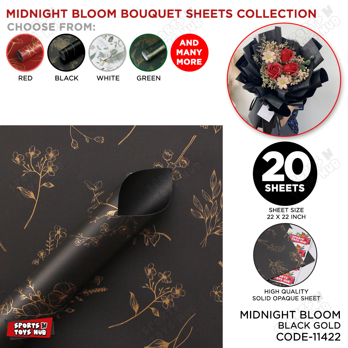 Midnight Floral Bloom Solid Opaque Floral Bouquet Wrapping Sheets