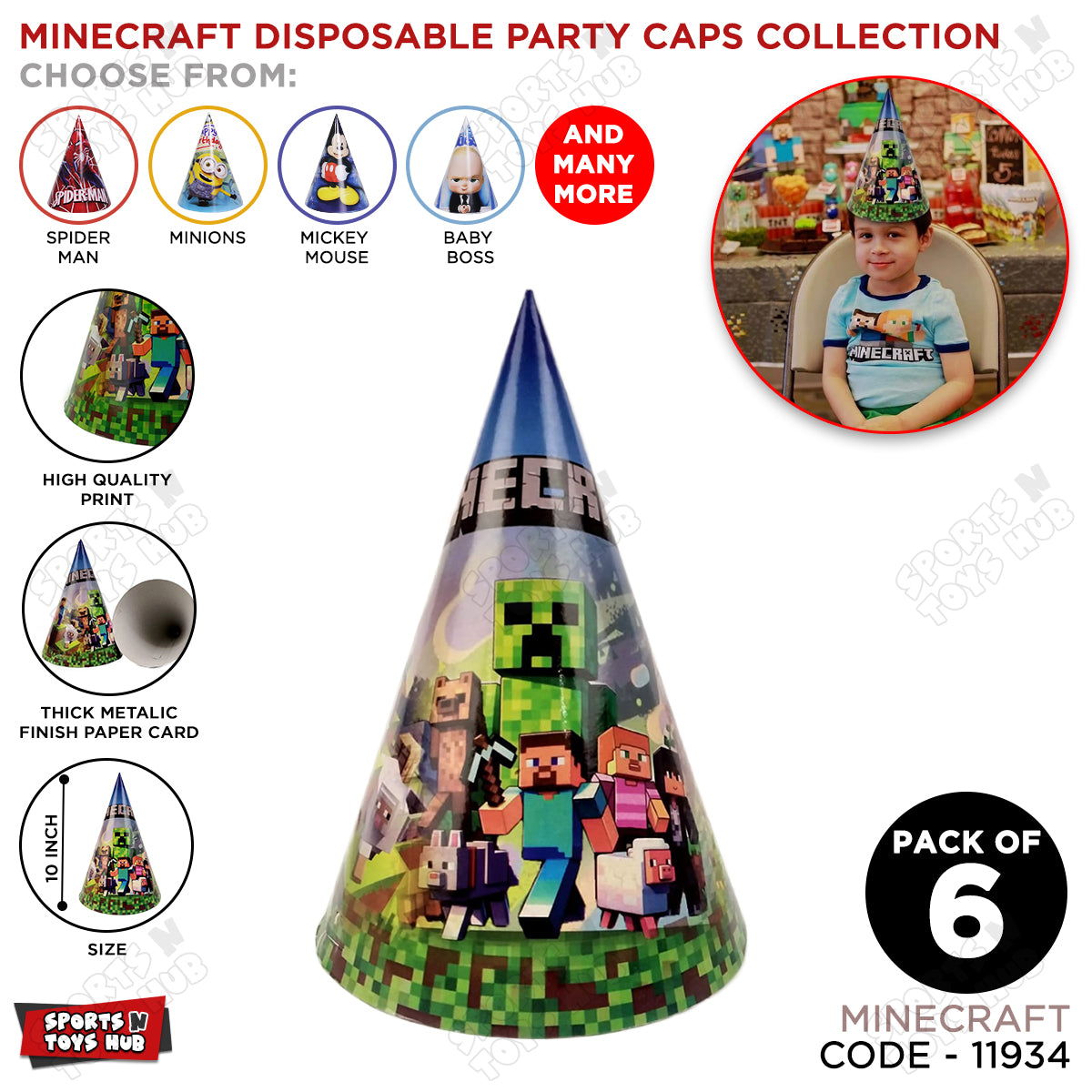 6 Pcs Happy Birthday Minecraft Printed Caps