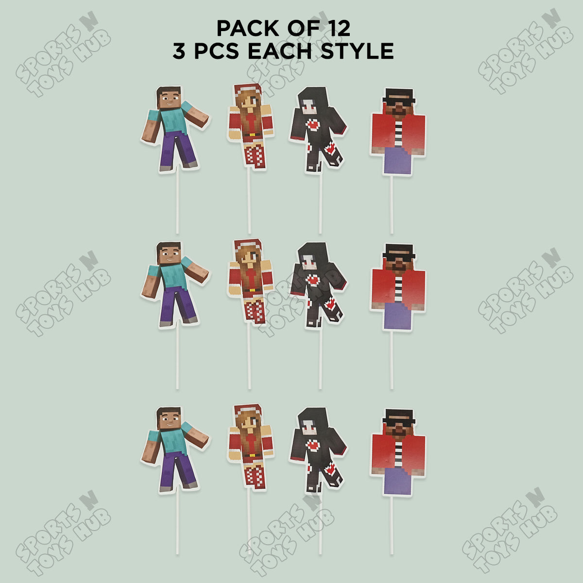 Minecraft Cartoon Game Characters Cup Cake Topper - 12 Pcs