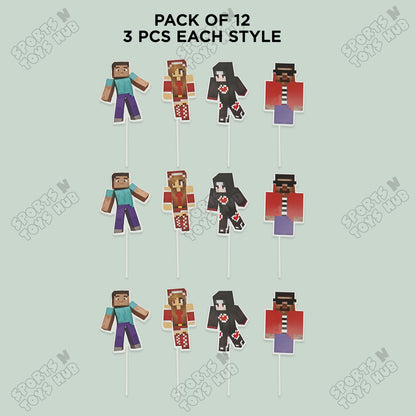 Minecraft Cartoon Game Characters Cup Cake Topper - 12 Pcs