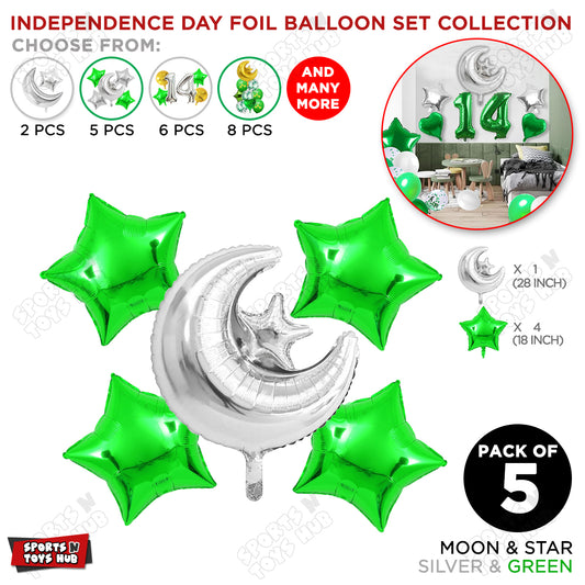 Independence Day Moon Star Foil Balloon Silver & Green Color Set