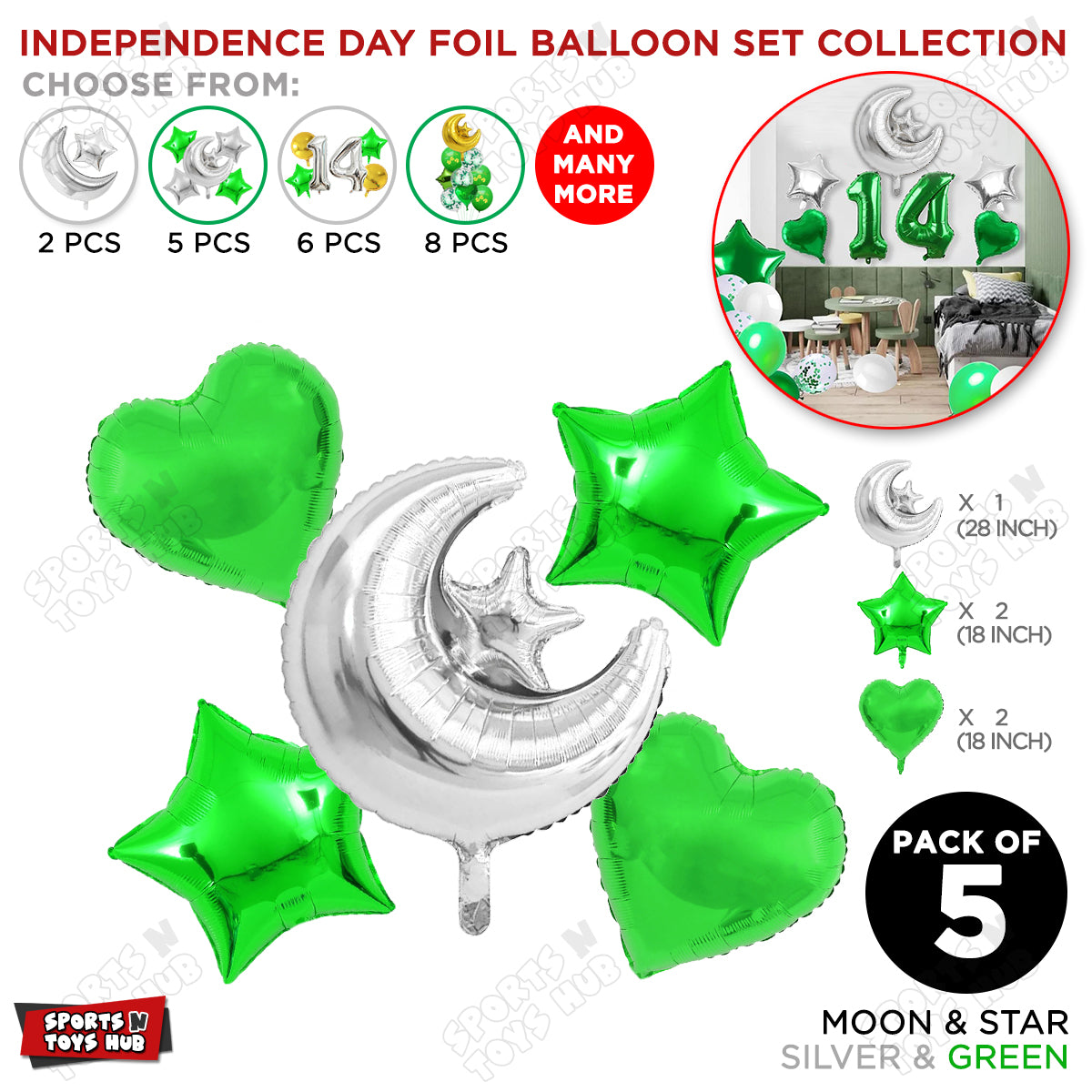 Independence Day Moon Star & Heart Shape Foil Balloon Silver & Green Color Set