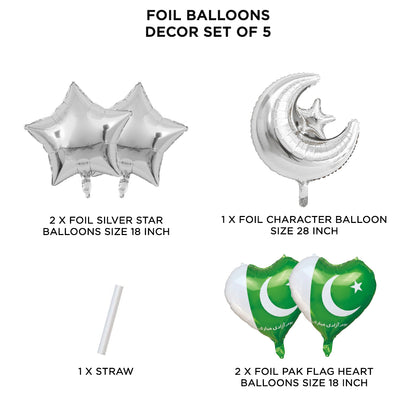 Moon & Star Pak Flag Heart Foil Balloon Set Pack of 5 – Pakistan Independence Day Party Decorations