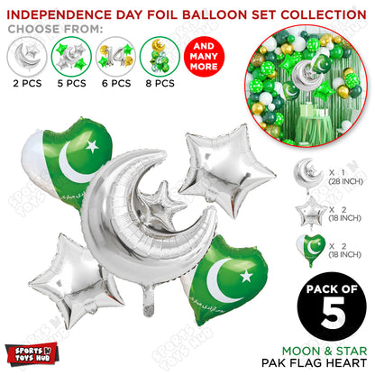 Moon & Star Pak Flag Heart Foil Balloon Set Pack of 5 – Pakistan Independence Day Party Decorations
